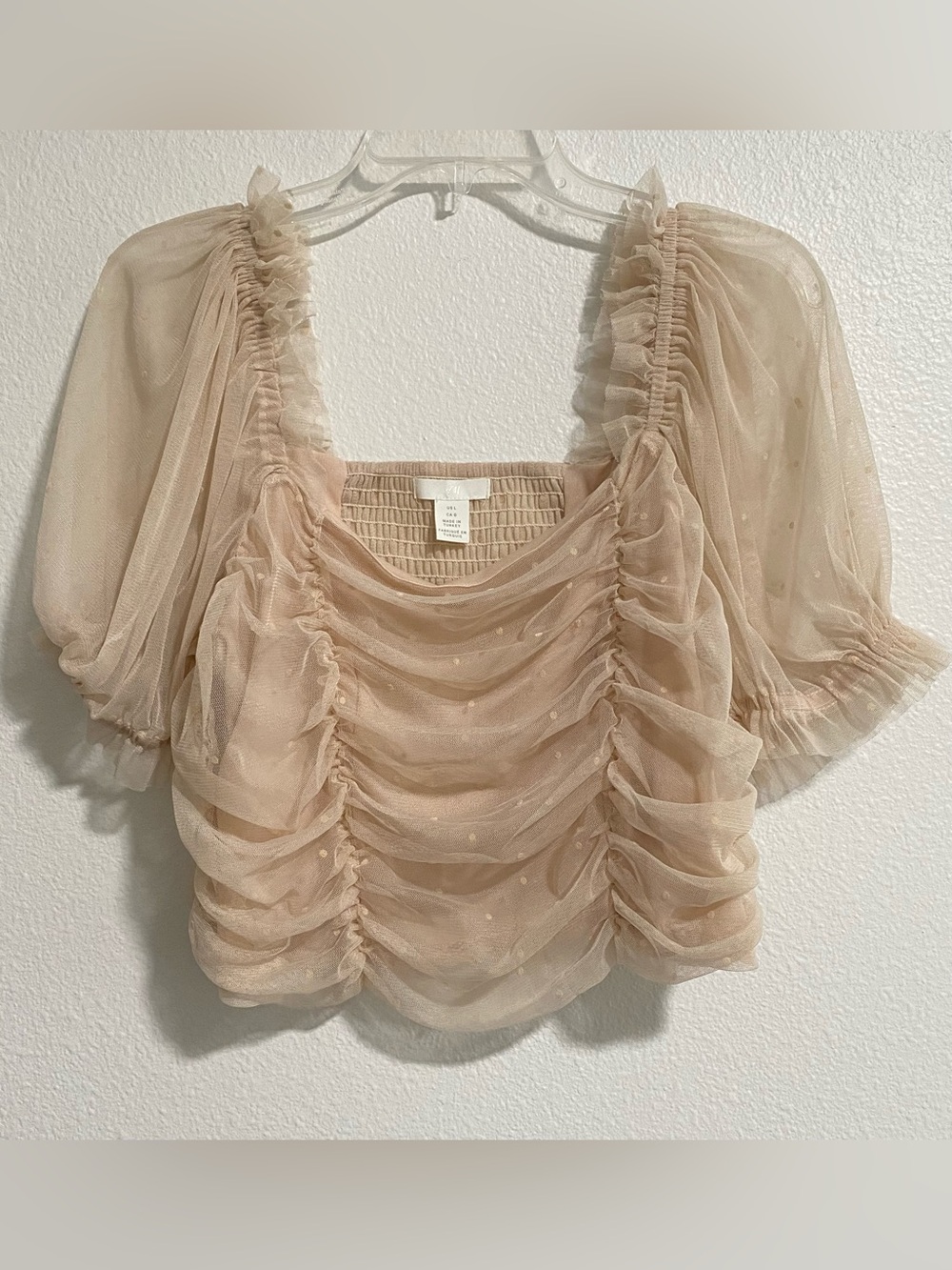H&M Blush Pink Sheer Puff Sleeve Crop Top sz L EUC